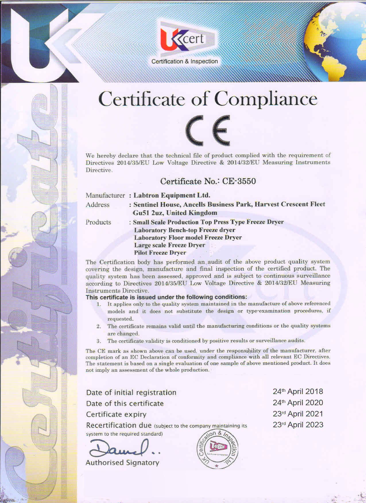 Labtron Equipment Ltd. Certificate of Compliance CE-3550 : Labtron Certification