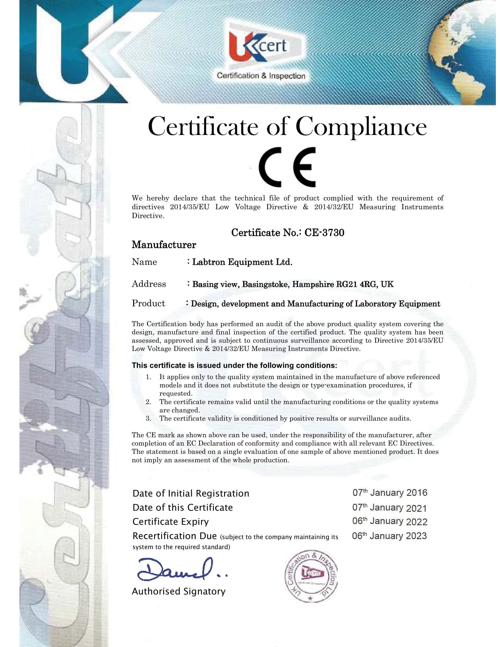 Labtron Equipment Ltd. CE-3730 : Labtron Certification